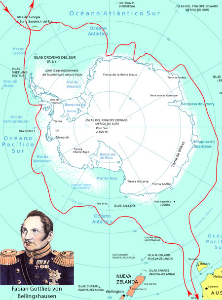 Mapa de las expediciones en la Antártida de Bellingshausen: 1819-21.