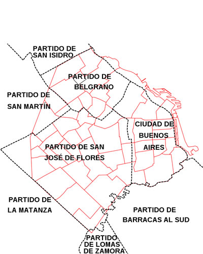 Partidos de la Provincia de Buenos Aires antes de la federalización de la ciudad de Buenos Aires. En rojo, la ciudad actual con sus barrios.
