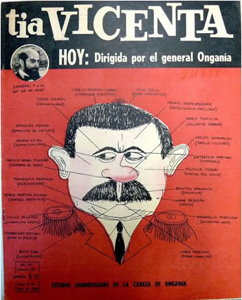 Revista Tía Vicenta, año 7, número 254, lunes 8 de julio de 1963, ilustración de portada: estudio lombrosiano de la cabeza de Onganía, Landrú