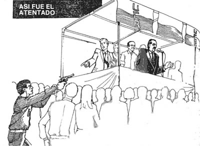 La recreación gráfica del atentado a Alfonsín, como fue publicada en Clarín en febrero1991.