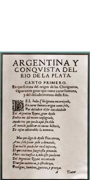 Primera página del poema Argentina y conquista del Río de la Plata,