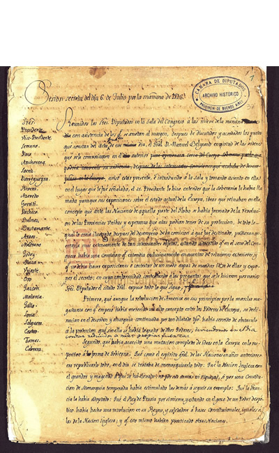 Documento de la sesión secreta del Congreso de Tucumán (primera foja).