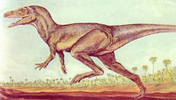 "Herrerasaurus ischigualastensis en vivo", por el artista Bernardo G Riga, 1994