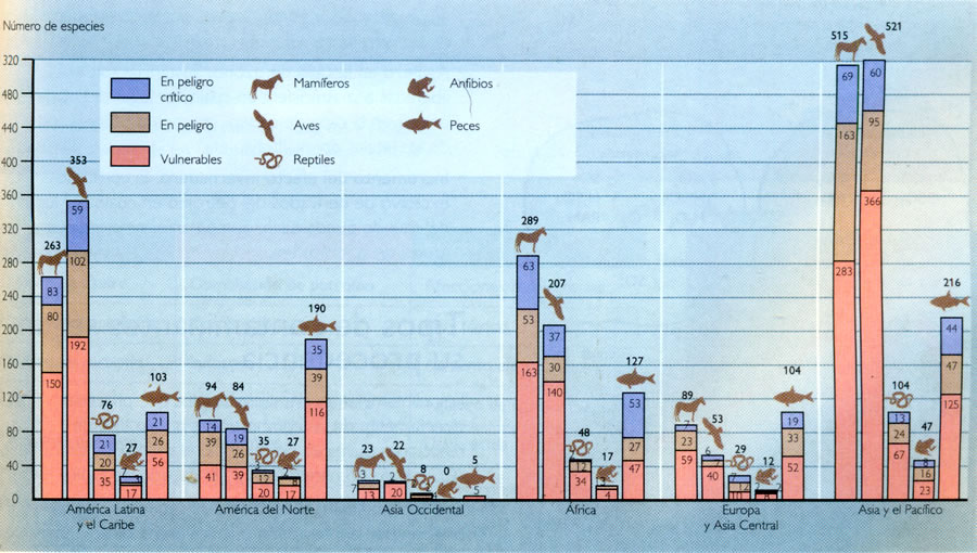 Número de especies de vertebrados con las categorías de amenazados, por regiones