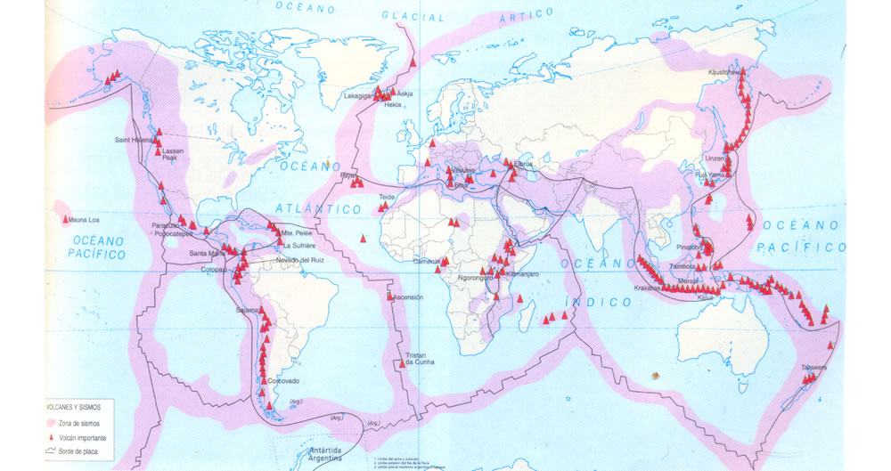Principales placas tectónicas y distribución de las cadenas volcánicas en el mundo. Los triángulos en color rojo representan los  volcanes