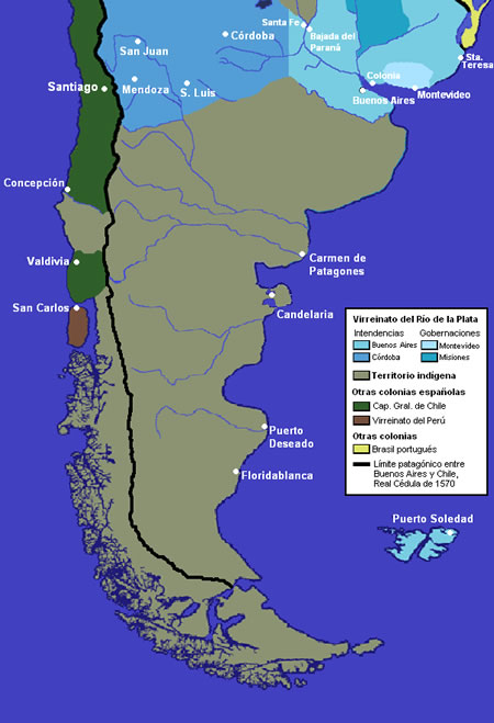 La Patagonia bajo la jurisdicción teórica del Virreinato del Río de la Plata, con los poblados fundados en sus costas.