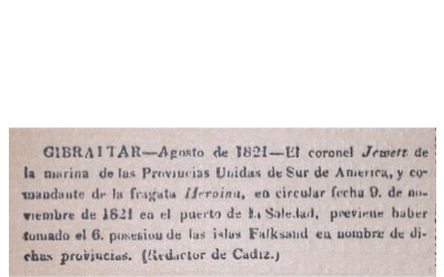 Nota publicada en el El Redactor de Cádiz con declaraciones de David Jewett publicadas por el diario español en agosto de 1821