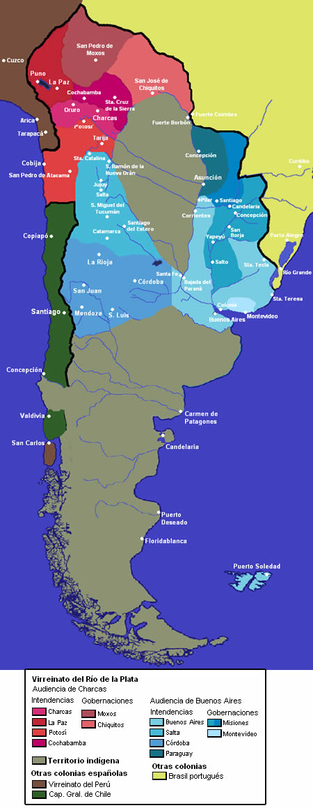 Mapa del Virreinato del Río de la Plata alrededor de 1783