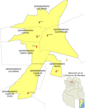 Mapa con el área urbana y las cabeceras departamentales del Gran Mendoza