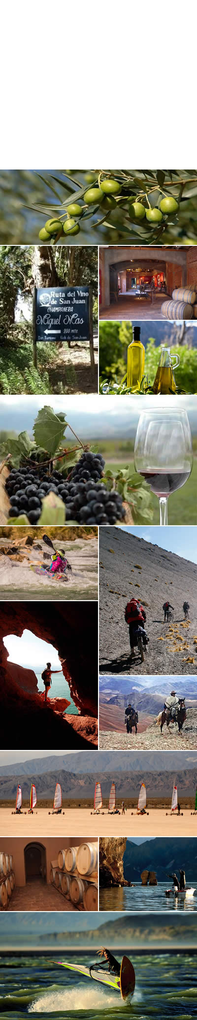 En la provincia de San Juan hay rutas turísticas del vino, y del olivo ademas en San Juan hay actividades que estimulan todos los sentidos y que son ideales para los fanáticos del deportes y las aventuras.