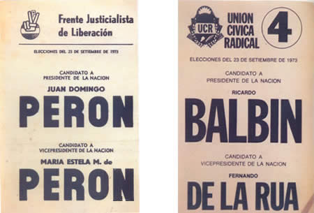 Boletas pertenecientes al FREJULI de la fórmula Perón-Perón y de la Union Cívica Radical de Balbín y De la Rua