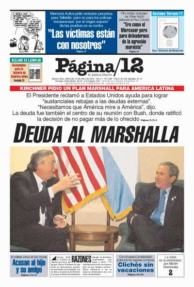 Tapa de Página 12 de la reunion Bush y Kirchner de 14 de enero de 2004