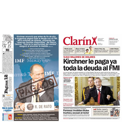 Tapas de diarios Clarin y Página 12 ante el anuncio de pago al FMI